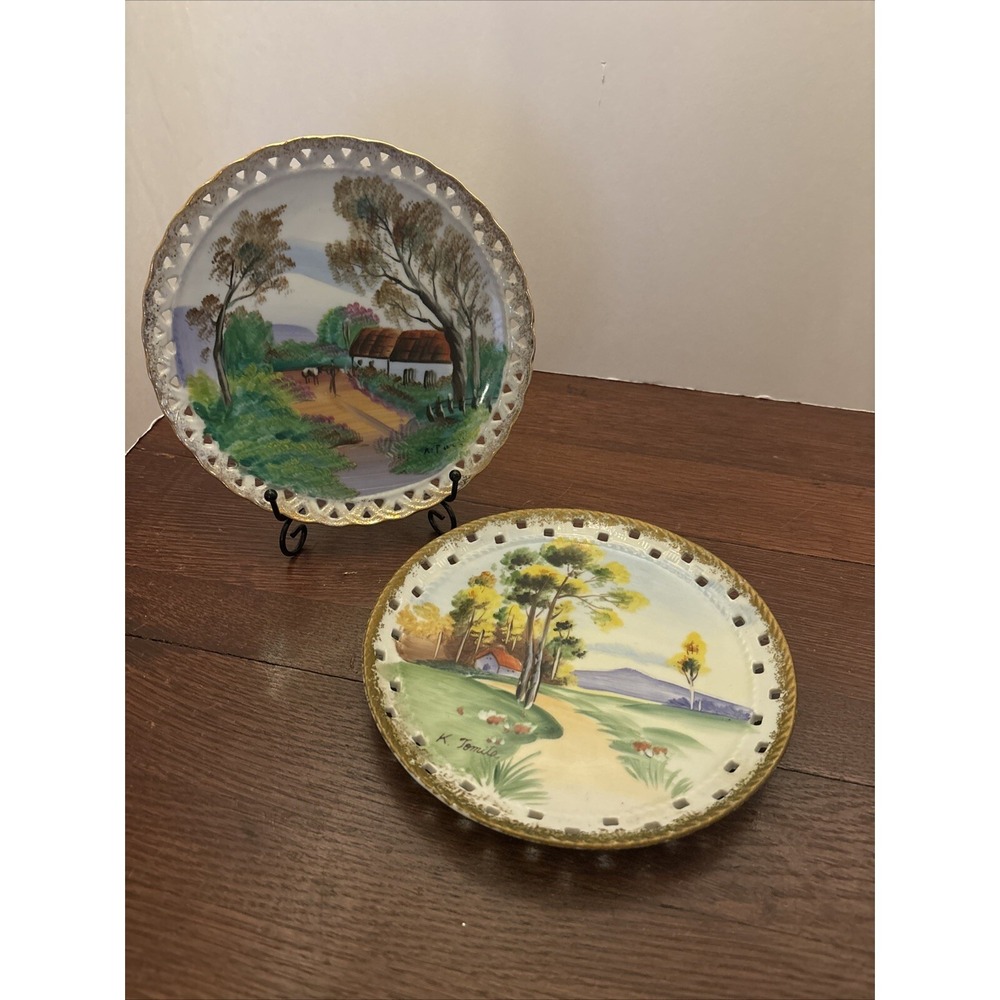 2 Vintage Ucagco Beautiful Ceramics Japan Hand Painted Wall Hanging Signed 8"